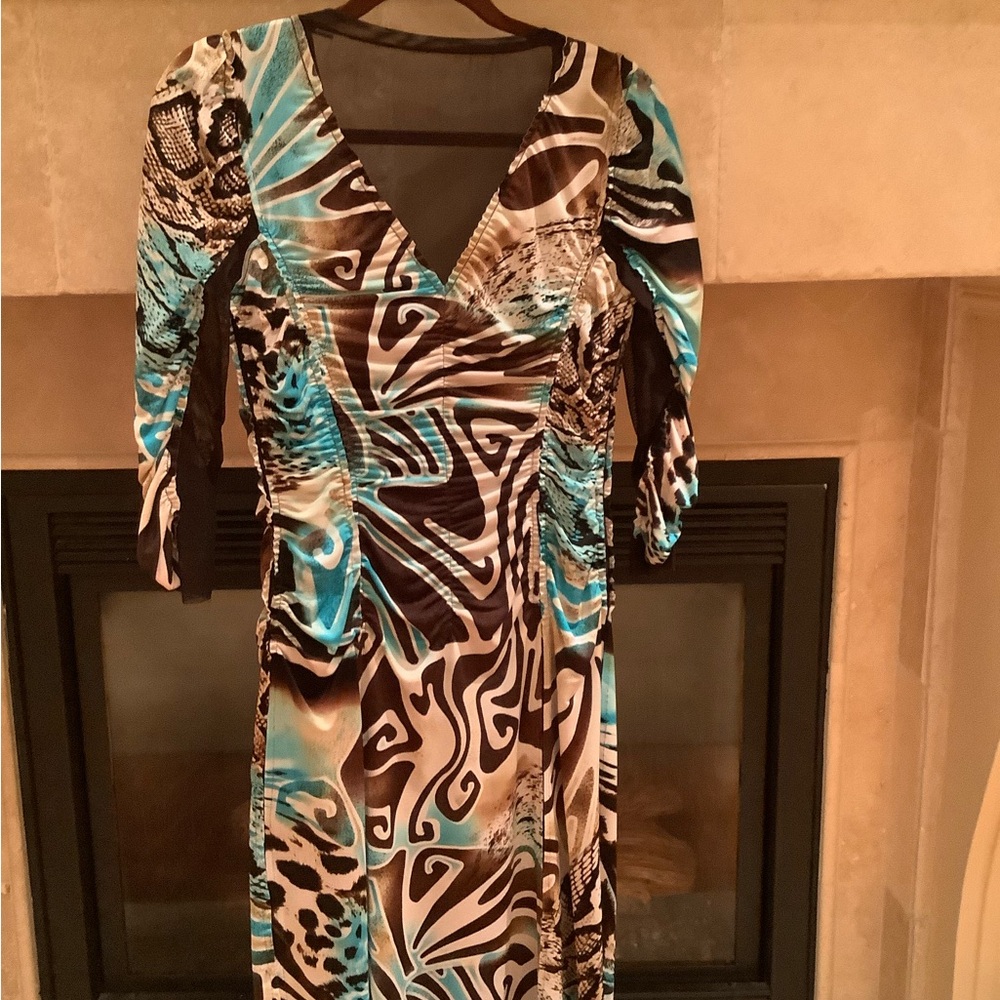 Alberto Makali Blue and Brown Wrap Dress with Bishop Sleeves